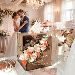 Brown Wedding Card Box with Wave Flower Trough, Wooden Gift Card Box for Wedd…