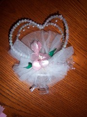 VTG NICE BEADED HEARTS FABRIC WIRE PLASTIC PINK FLOWERS Wedding Cake Topper 7″