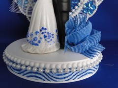 New Medium Dark skin Bride & Groom Wedding CakeTop, blue decor & heart, #336