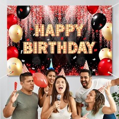 Happy Birthday Backdrop Banner Black and Red Theme Background with Neon Shiny…