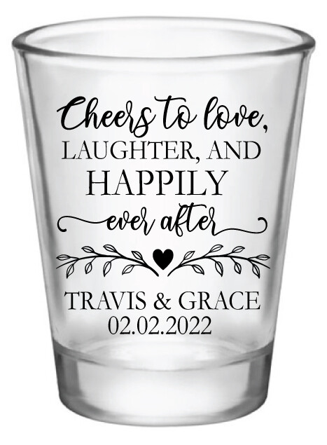 personalized wedding shot glasses, cheers to love laughter happily ever after