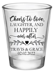personalized wedding shot glasses, cheers to love laughter happily ever after
