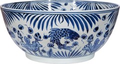 Handcrafted Blue and White Ceramic Fish Bowl for Home Decor