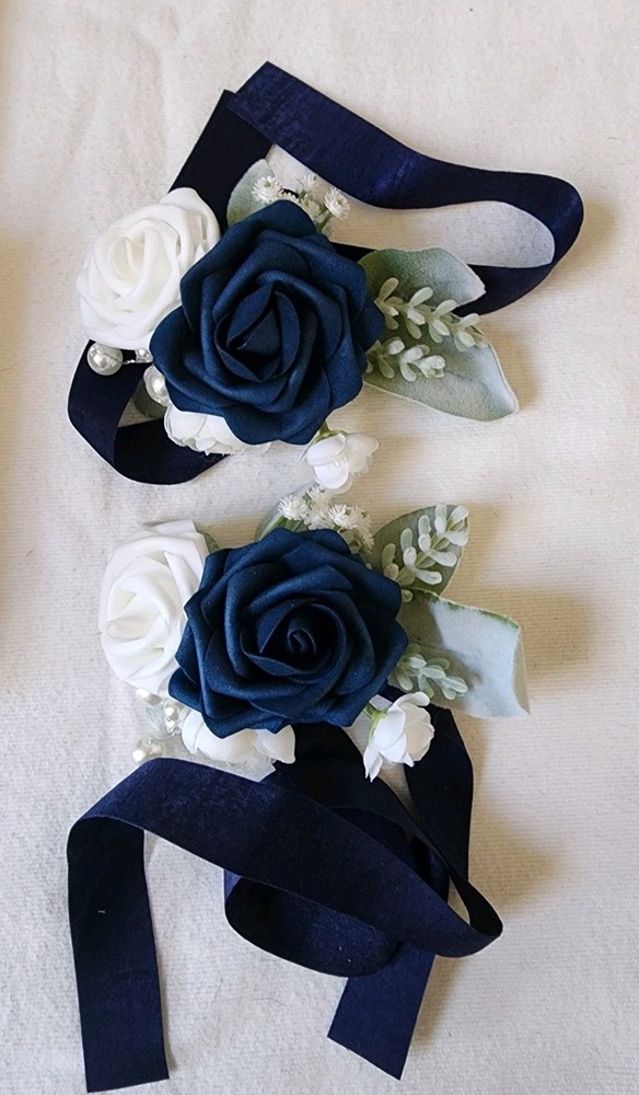 2 PCS Wrist Corsage Wristlet Artificial Roses Wedding Prom Navy Blue & White Tie