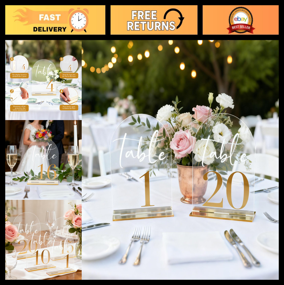 Elegant Clear Arch Table Numbers 1-20 – 5″x7″ Gold Font Centerpiece Set with Sta