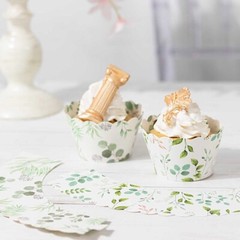25 White Paper Cupcake WRAPPERS Green Eucalyptus Leaves Print Party Decorations