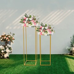 2Pcs Gold Flower Rack Metal Geometric Column Stand Wedding Backdrop Decor