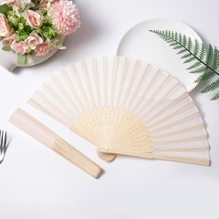 50pcs Cream-Coloured Imitated Silk Fabric Bamboo Folded Hand Fan Bridal