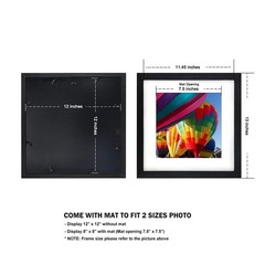 12×12 Frames Display 8×8 Photos with Mat or 12 x 12 Pictures without Mat Blac…