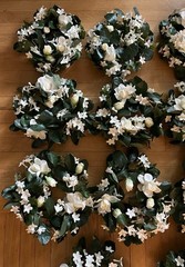 Stephanotis & White Rose Candle Rings, Dk Green Leaves-10″Dia . Set Of 14