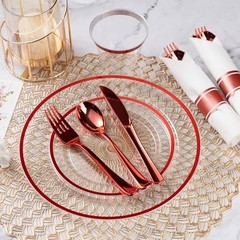 175 Piece Plastic Dinnerware Set for Party, Clear 175 Piece (25 guests) Red