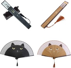 2 Pieces Cat Folding Fans Handheld with Bamboo Frame and Black Brown