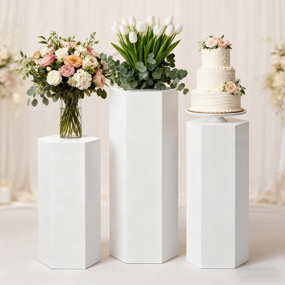 3PCS Fluted Cylinder Pedestal Stands Metal Cake Display Pillar Wedding Birthday