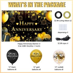 Happy Anniversary Decorations Kit – 5.9×3.6Ft Banner & 18PCS Black, Gold