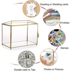 Gold Glass Card Box with Lock 10.2×5.9×8.3 Inches