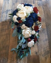 Burgundy White & Navy Blue Cascading Bridal Bouquet Made of Wood Wedding Flowers