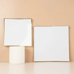 10 WHITE 10″ Square Concave Plastic Salad Dinner PLATES Gold Rim Party Events