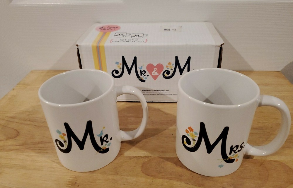 «Mr. and Mrs.» White Ceramic Coffee Mug Set – Rock Scissor Paper – New in Box