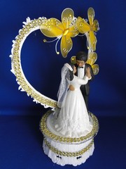 New Medium Dark skin Bride & Groom Wedding CakeTop, gold decor & heart, #341