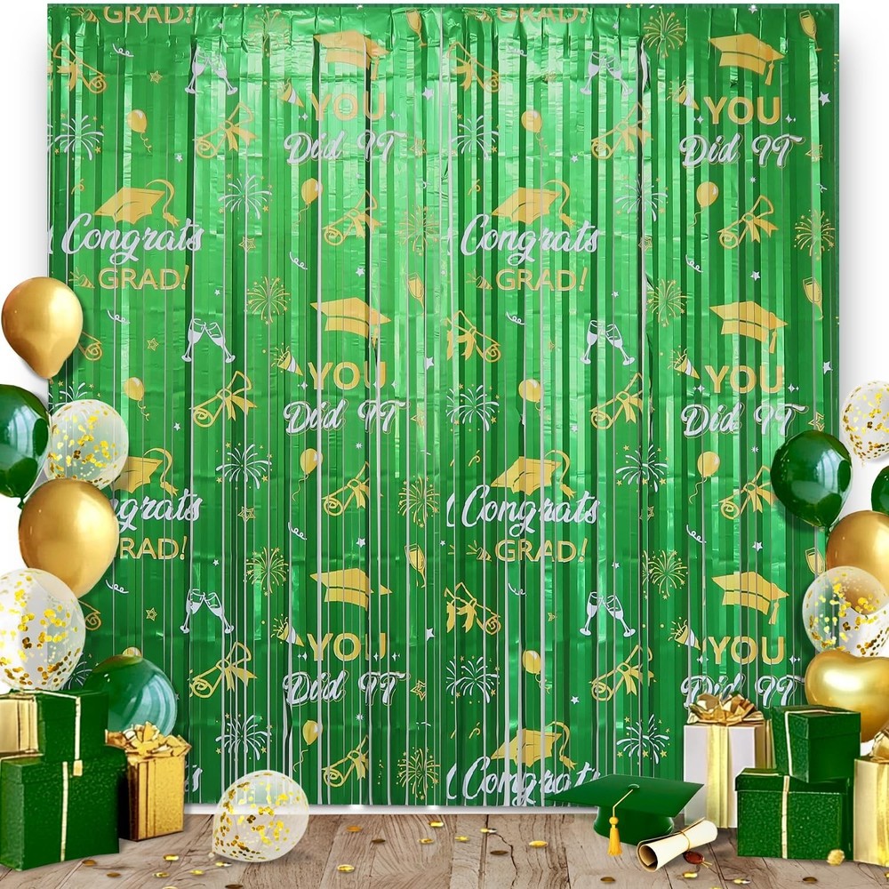 2 Pack Graduation Foil Fringe Curtain 3.3Ft x 6.6Ft Green Gold 2025 Graduatio…