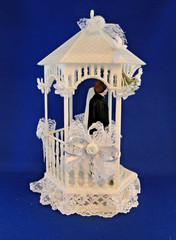 New Elegant Gazebo Wedding CakeTop, porcelain couple, pale blue #386