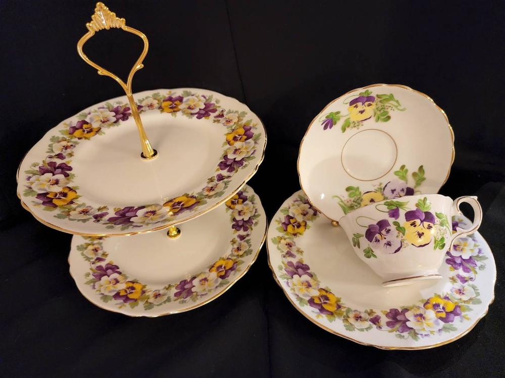 Crown Staffordshire Tiered Dessert Cake Stand Cup Saucer Plate Set Purple