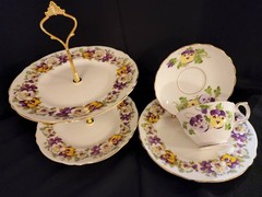 Crown Staffordshire Tiered Dessert Cake Stand Cup Saucer Plate Set Purple