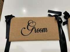 Burlap Bride Groom Wedding Chair Signs Beige Black Set of 2 Hanging Decorations