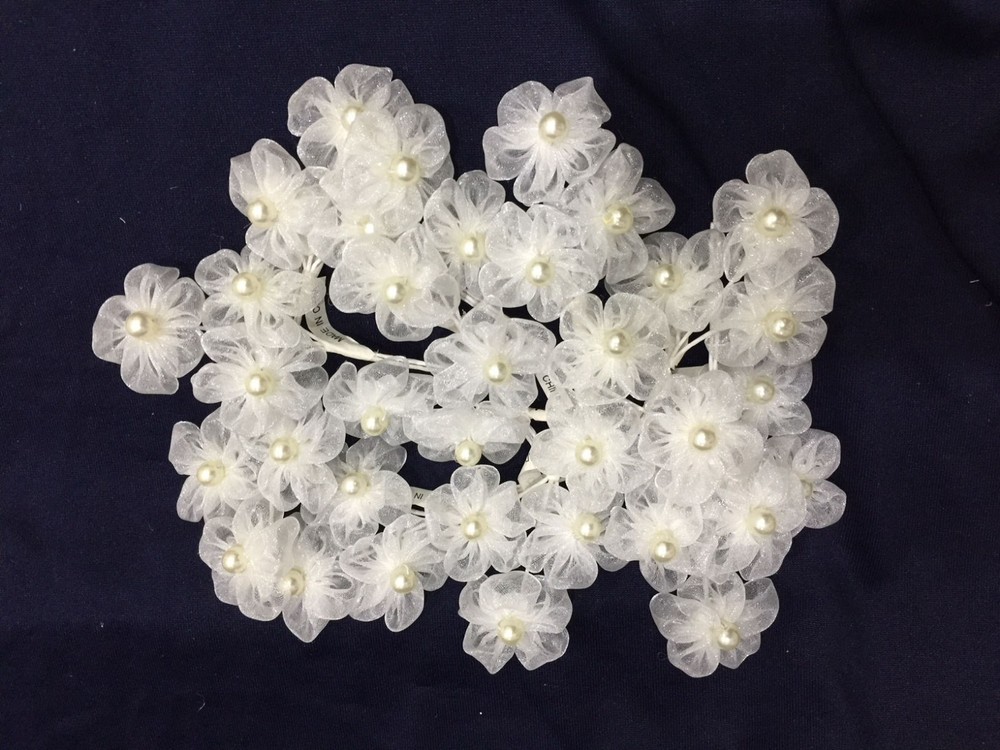 36 Flower Bridal Organza w/Pearls Flowers.3 Flower x12 /per bag.Pick Your Color!