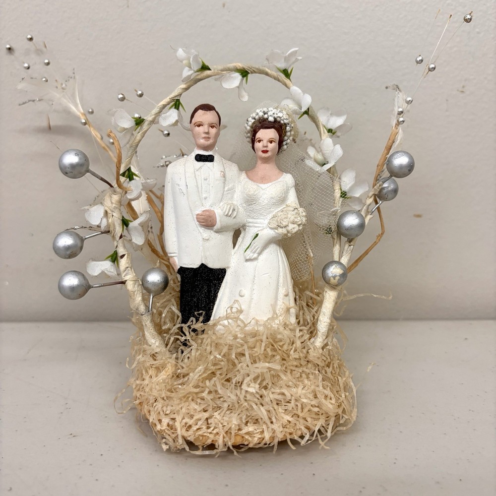 Vintage Wedding Cake Topper Bride and Groom Figures Chalkware Floral Arch