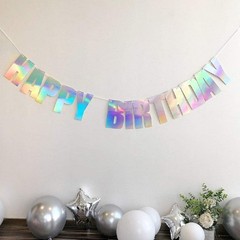 Pre-Strung Happy Birthday Sign – NO DIY – Holographic Hanging Banner Iridesce…