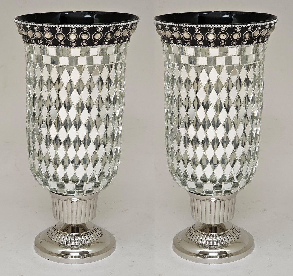 Candle Holder 5.5″D 11.5″Hi Set/2 Nickel Plated Mirror Mosaic Shade FREE SHIPING
