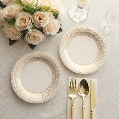 25 White 7″ Paper Plates Gold Basketweave Design Rim Party Events Home Tableware