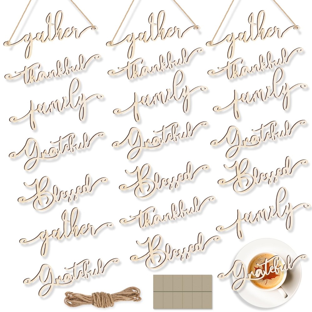 20 Pieces Thanksgiving Decor Thankful Grateful Blessed Wood Cutout Sign Plate
