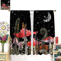 Mushroom Curtains, Vintage Boho Rustic Black Abstract Fantasy Forest Plant Leaf