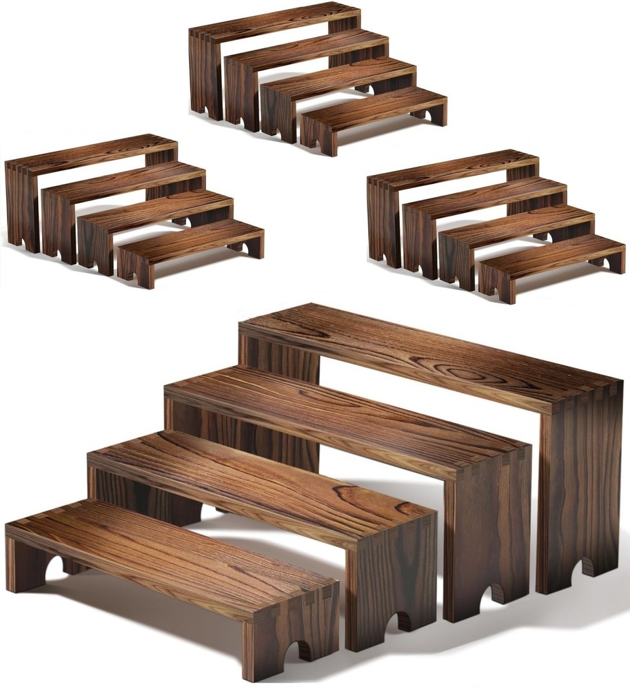 Mogenxoye Large 4 Set Wood Tone Wooden Tiered Display Stands 4 Tier Stackable