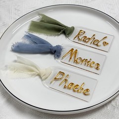 30 PCS Acrylic Place Card For Wedding Clear Transparent DIY Seating Blue Ribbon