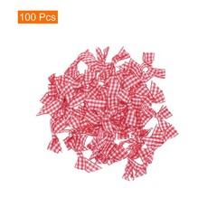 100Pcs Mini Gingham Ribbon Bow 1.5″ Checkered Fabric Satin Red and White