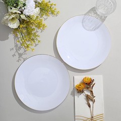 WHITE 10 Glossy 8″ Round Plastic Salad PLATES Gold Rim Party Events Decorations