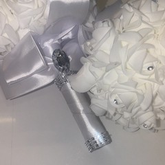 Artificial White Rose Wedding Bouquet 9in w/ Satin Ribbon Handle & Rhinestones