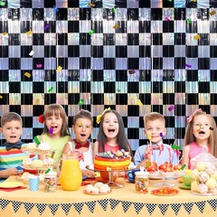 4 Pack 3.3Ft x 6.6Ft Race Car Checkered Foil Fringe Curtain Backdrop Decorati…