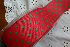 RED with GREEN Random Spots Grosgrain 100% Poly 9 Met 38mm Wide MayArts BRD1