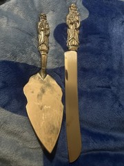 Christmas/Wedding Cake Server & Knife Godinger Silverplate Santa Handles Vintage