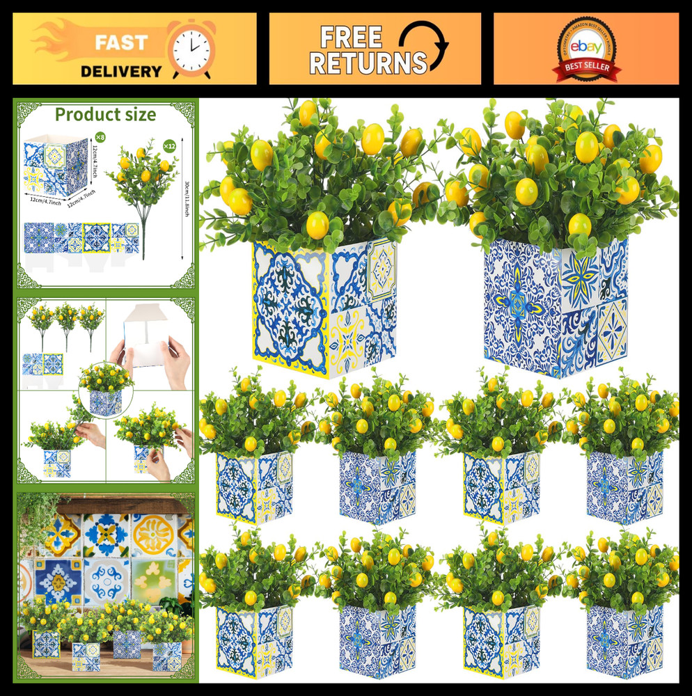 Blue Tile Lemon Centerpiece Decor – Amalfi Coast Style Box with Artificial Lemon