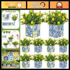 Blue Tile Lemon Centerpiece Decor – Amalfi Coast Style Box with Artificial Lemon