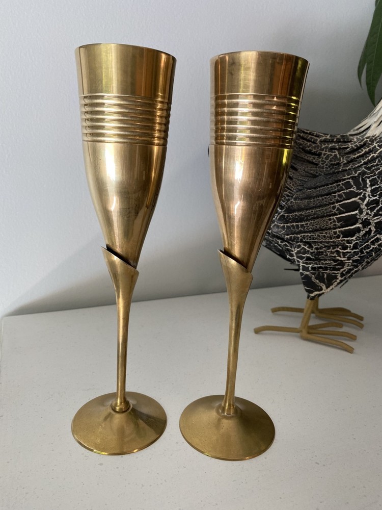 Two Vintage 1970’s Solid Brass Champagne Flutes Perfect for a Bride and Groom