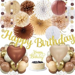 Boho Brown White Birthday Decorations – 62pcs Happy White Brown Champagne