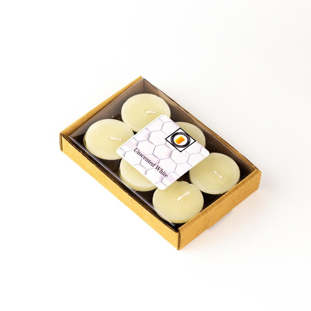 6 Natural White Unscented Beeswax Tea Light Candles, Cotton Wick, Aluminum Cup
