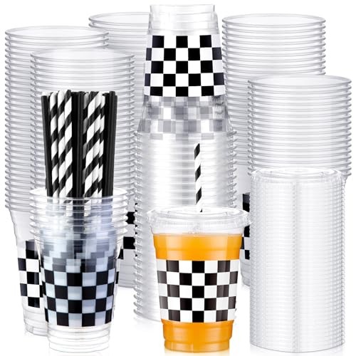 50 Sets Checkered Cup with Flat Lids and White Black Checkered Flag Plaid
