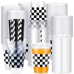 50 Sets Checkered Cup with Flat Lids and White Black Checkered Flag Plaid